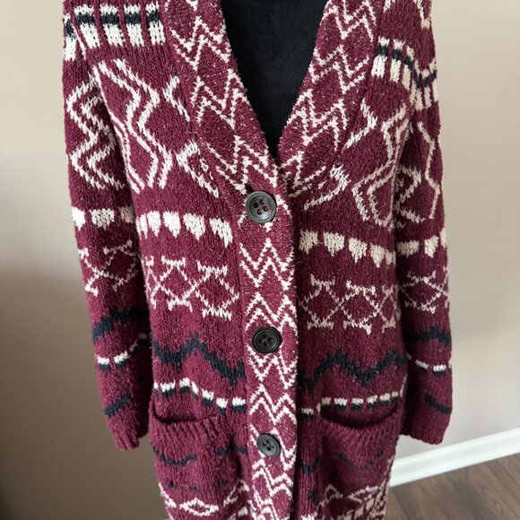 J. Jill Burgundy Aztec Long Cardigan Coatigan Oversized Buttons Small - Picture 4 of 10